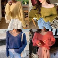 【Ready stock 】Women Autumn Pullover Solid Color V Collar Sweet Loose Long-sleeved Knit Sweater