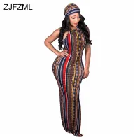 ZJFZML Striped Printed Vintage Bohemian Dress Women O Neck Sleeveless Plus Size Dress Casual Vocation Maxi Dress With Head Scarf