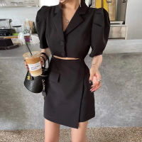 (NEW Ready Stock)  Puff Sleeve Dress Women New Korean Style Button Down Waist Fake Two Piece Short A-Line Skirt Baju Perempuan