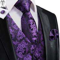 Hi-Tie Luxury 100 Silk Purple Flower Mens Vests With Necktie Pocket Square Cufflinks Set Slim Jacquard Waist Jacket for Wedding