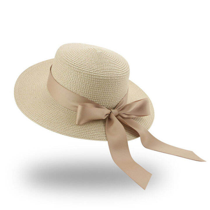 hot-summer-womens-french-flat-top-raffia-straw-hat-bow-umbrella-korean-version-fashion-beach-hat-travel-sun-hat-straw-hat