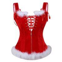 【CW】 Women Sexy Straps Zipper Overbust Corset Bustier Lingerie Top White Feathers Burlesque Lace Up Corset Christmas Santa Costume