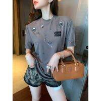 [FREE SHIPPING]MIU Studded Sequins 3D Flower Round Neck Short Sleeve T-shirt