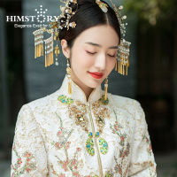 HIMSTORY Retro Vintage Chinese Wedding Hair Accessories Jewelry Gold Long Tassel Hairpins Pearl Beaded Wedding Hair Jewelry