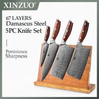 XINZUO couteaux de cuisine en acier damas ensemble de 5 pièces outils de cuisine en acier inoxydable porte-couteau magnétique en bois dacacia de haute qualité