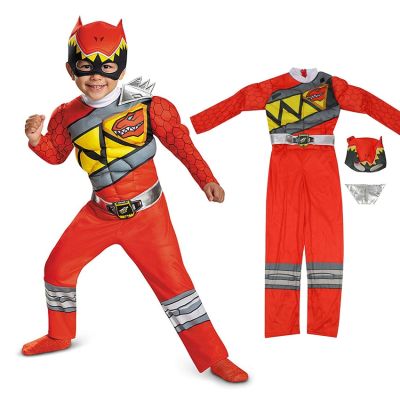Dinosaur Team Red Power Dino Charge Ranger Superhero Muscle Jumpsuits Suits Cosplay Halloween Costume for Kids Child Headgear