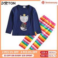 DXTON Children Clothing Sets Cartoon Cat Girls Long Sleeve T-shirts and Rainbow Girl Leggings Winter Cotton Toddler Costume 2PCS