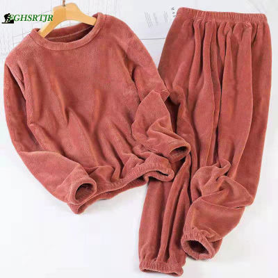 ชุดนอนกางเกงฤดูหนาวสีทึบเซ็ตชุดนอนเสื้อคลุมคอกลมสำหรับใส่ในหอพักที่บ้าน