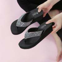 [Hot Sale] Slippers Fashion Rhinestones Wedges Flip Flops Womens Beach Shoes Flop Wearproof Anti-slip Clip Foot Clip-Toe Flip-flop Flat Sandals