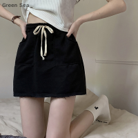 ROK High Waist ของผู้หญิงทะเลสีเขียวกระเป๋าขนาดใหญ่มีสีทึบกระโปรงทรงเอตรง