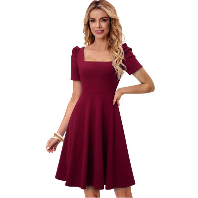 Nice-forever Summer Women Elegant Solid Color with Puff Sleeve Dresses Cocktail Party Vintage Flare Swing Dress A284