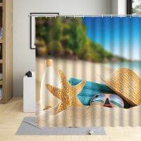 Summer Sandy Beach Scenery Shower Curtain Shell Vacation Yellow Bus Starfish Pattern Bathroom Home Decor Waterproof With Hooks