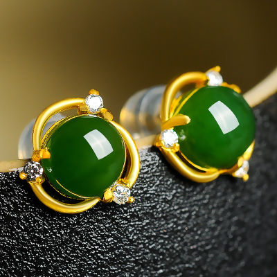 China Hetian Green Jade Stud Earrings Hollow out Womens Elegance Retro Jewelry