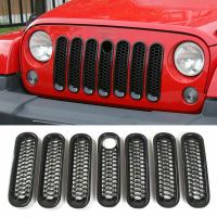 Top!-Front Grill Mesh Inserts Kit Honeycomb Clip-in Grille Guard Mesh Grille with Lock Hole for Jeep Wrangler JK 2007-2017