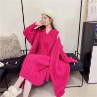 Spot parcel post Autumn and Winter Gentle and Comfortable Knitted Vest Dress Cardigan Two-Piece Set Women 2023 New Loose Padded Coat