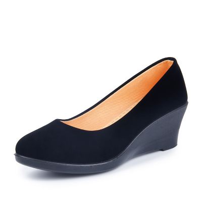 Womens Medium Wedge Shoes Black PU High Heel Office Ladies Spring Slip Slip Fashion Mom Oxford Shoes