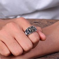 Retro Thai Silver 925 Sterling Silver Cross Mens Ring With Open Mouth Personality Fashion Trend Adjustable