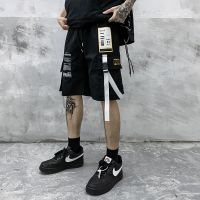 2022 Summer New Mens Ribbons Pockets Cargo Shorts Man Streetwear Fashion Shorts High Street Casual Knee Length Running Short 3XL