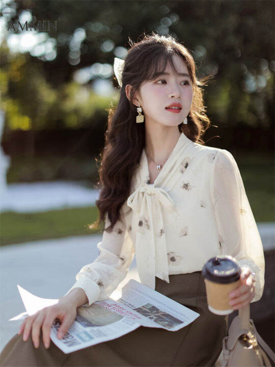 Ammin Phong Cách Hàn Quốc Nữ Tay Áo Dài Cổ Chữ V Thanh Lịch Và Thời Trang  Tay Áo Dài Hình Bướm Mới Áo Voan Sành Điệu Dây Nơ Áo In |