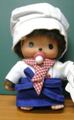 มอนชิชิ  (Monchhichi) ชุดพ่อครัว มอนชิชิเด็ก (Bebichhichi) สูง 5 นิ้ว โดย Sekiguchi ญี่ปุ่น (เสื้อและหมวกมีคราบด่าง)