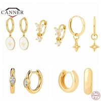 CANNER 925 Sterling Silver Zircon Hoop Earrings For Women Glossy Astrolabe Round Gold Color Piercing Earring Jewelry pendientes