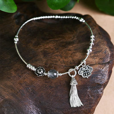 New Vintage Tassel Anklet Female Lotus Moonstone Ruyi Abacus Silver Anklet Literary Retro Little Woman Jewelry Accessories