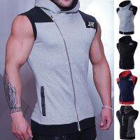 Men 39;s Hooded Vest Diagonal Zipper Splicing Leather Casual Fitness Sports Sleeveless T shirts 2021 Summer New Men Clothing 3XL