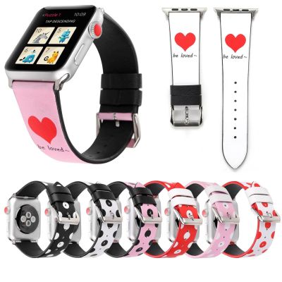 ✚ สายหนัง PU วินเทจสำหรับสาย Apple Watch iWatch Series 3 2 1 38 มม. 42 มม. สีชมพูหัวใจรักสีแดงสีดำจุดสีขาวสายรัดข้อมือเข็มขัด