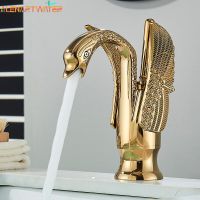 Golden Basin Faucet Deck Mount Sink Short Faucets Swan Shape Single Handle Sink Hot Cold Water Mixer Tap