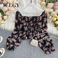 COD DSFERTGERRYYY IELGY Long-sleeved High-waisted Retro Waisted Floral Square Neck Chiffon Shirt