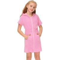 Girl 39;s Swimsuit Zip Up Terrys Cover Up Hooded Bathrobe With Pockets Short Sleeve Bathing Suit Beach Dress Coverups