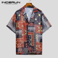 [Perfectly] INCERUN เสื้อแขนสั้นผู้ชายซีทรูเสื้อลายดอกไม้ชาติพันธุ์ปุ่มลงเสื้อ Beachwear (ชุดลำลอง) #3