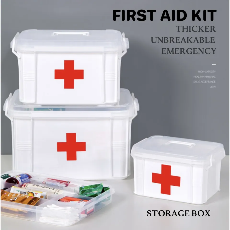 Portable handled medicine first aid box plastic medicine basic organizer  holder. Family small safety emergency medical storage box kit travel, car
