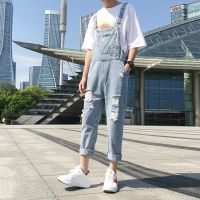 ชุดเอี้ยมยีนส์สไตล์กางเกงขายาว เอี๊ยมชาย เก่าหลุมผ้ายีนส์เก้าแต้ม Denim Jumpsuit Sling Jeans