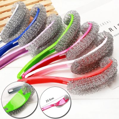 Stainless Steel Scrubber Dish Brush Pot Pan Clean Wire Ball Scrubber Cleaning Brush with Long Handle Kitchen Tool