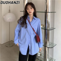 DUOHANZI เสื้อสตรีสีฟ้าลายเสื้อโปโลคอปกหลวมแฟชั่นสบายๆสไตล์เกาหลีการออกแบบอเนกประสงค์ชั้นเสื้อแขนยาว