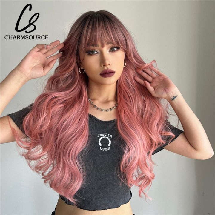 long-wavy-hair-with-neat-bangs-ombre-brown-to-pink-wig-synthetic-wigs-for-women-cosplay-daily-party-use-heat-resistant-fiber