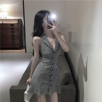 COD DSFGRDGHHHHH Ready Stock Quick Shipment Halter Dress Female Sexy Hepburn Style Plaid 2022 Spring Summer Dress 418