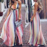 COD SDFGERTYTRRT 【GS】Boho Women Summer Colorful Striped Deep V Sleeveless Cross Backless Maxi Dress