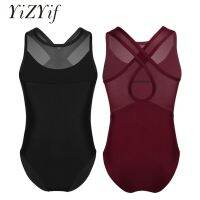 【cw】 YiZYiF Leotards Ballet Sleeveless Mesh Splice Criss-cross Cutout Back Gymnastics Leotard Jumpsuit