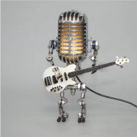 Vintage Metal Microphone Robot With Guitar Table Lamp Play Guitar Figurines For Interior Birthday Gift Living Room Decoration