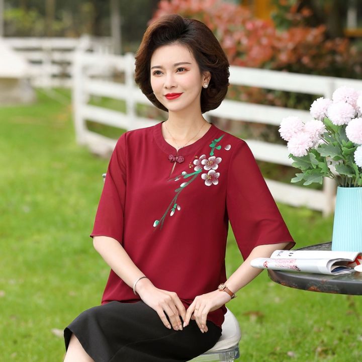 เสื้อยืดผ้าชีฟองพิมพ์ลายชุดจีนชุดเดรสหน้าร้อนสำหรับคุณแม่-เสื้อยืดขนาดเล็กสำหรับสตรีวัยกลางคนและ-xma-2075สูงอายุ