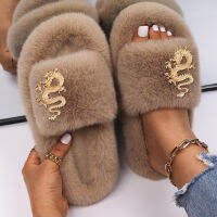 Fur Slippers Women Designer Furry Slides Ladies Flip Flops Golden Dragon Faux Fur Sandals House Slippers Luxury nd Shoes 2022