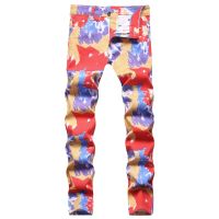 COOL Cross border trendy jeans, mens casual slim fitting print, elastic personalized color, small foot, mid waist pants