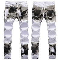 COOL European and American summer white camouflage printing elastic small straight tube slim fitting fashion trend long pants mens jeans