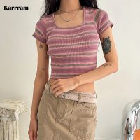 《The Empty island House》 KarrramRibbed เสื้อ T กรันจ์มัดย้อมถักท็อปส์พืช SexyShort แขน Tee ShirtsStreetwear Y2k