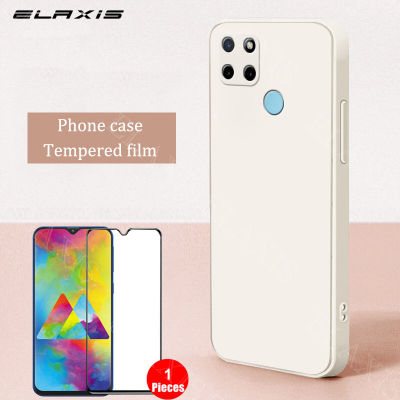 ELAXIS เคสโทรศัพท์ Realme C21Y/C25Y,เคส TPU นิ่มซิลิโคนเหลวขอบตรงสีพื้นพร้อมเลนส์ป้องกันหน้าจอรวมทุกอย่าง