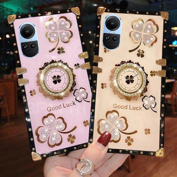 เคสใหม่-oppo-reno10-pro-10pro-5g-2023แฟชั่นเคสแข็งกันแรงกระแทกสี่เหลี่ยมด้านตรง-reno10-5g-พร้อมขายึดพลอยเทียม