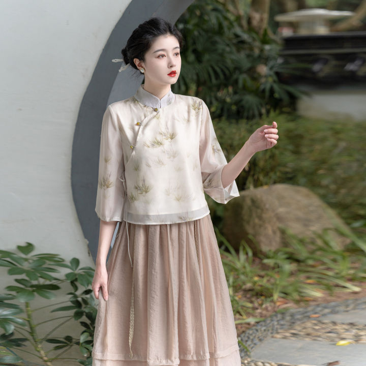 2023ใหม่ชุดชาเซน-hanfu-เสื้อเชิ้ตเสื้อแขนยาวสตรี-กระโปรงเอวยางยืด