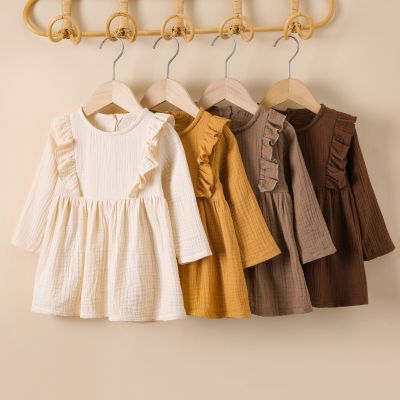 1-5Y Fashion Children Kids Baby Girls Autumn Party Dress Ruffles Long Sleeve Solid Cotton Linen Casual A-line Dress Clothes